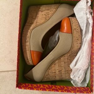 Tory Burch Orange & Kkaki "Gabe" Wedge Heels
